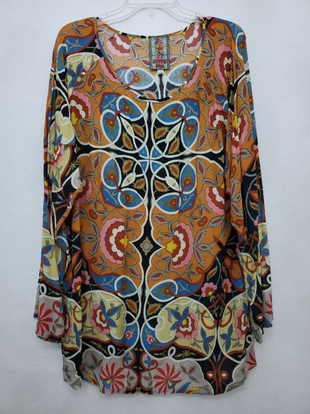 Johnny Was Vibrant Nina Floral Print Challis Rayon Boho Tunic Top Size XL